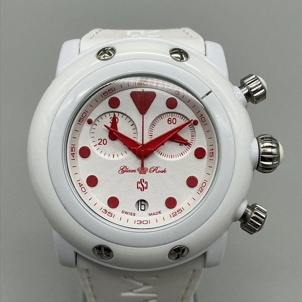 Glam Rock Miami Beach Chronograph Unisex Watch 45mm White Red Date New Battery